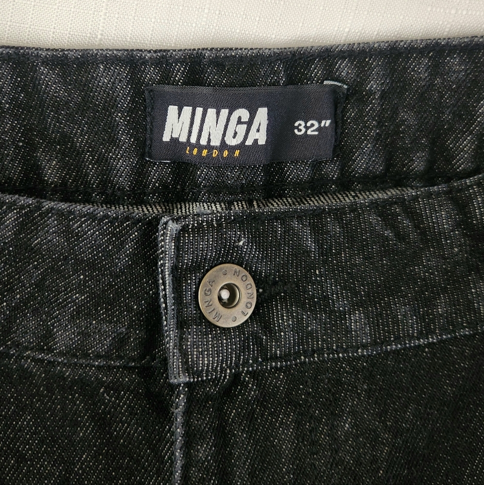 Minga London Bones Black Washed Denim Jeans Skeleton Print Wide Baggy Leg SZ 36 - Picture 11 of 16